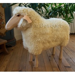 DECO MAISON MOUTON EN BOIS FRIEDA - déco-mouton en bois avec véritable toison de laine